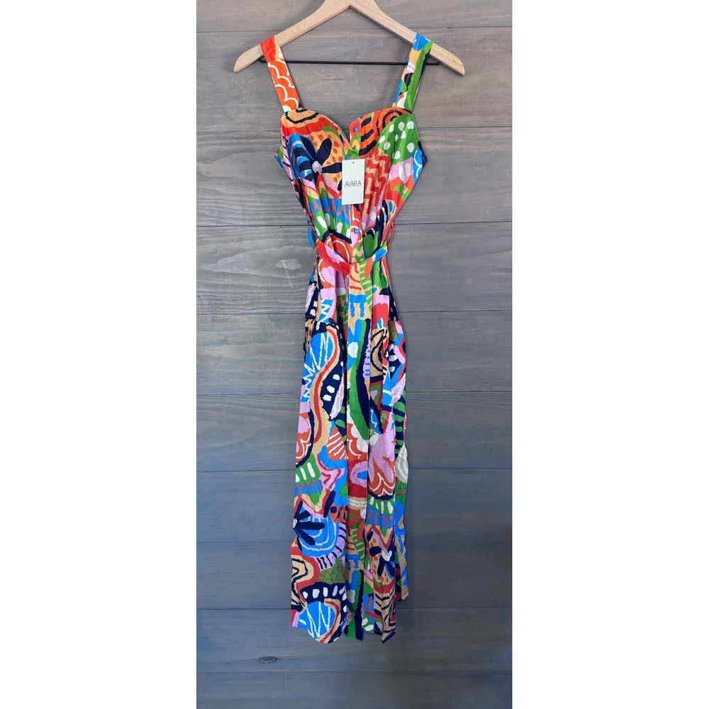 Avara Helene Midi Dress Multi Color Abstract Art Print Button Front‎ NWT XS